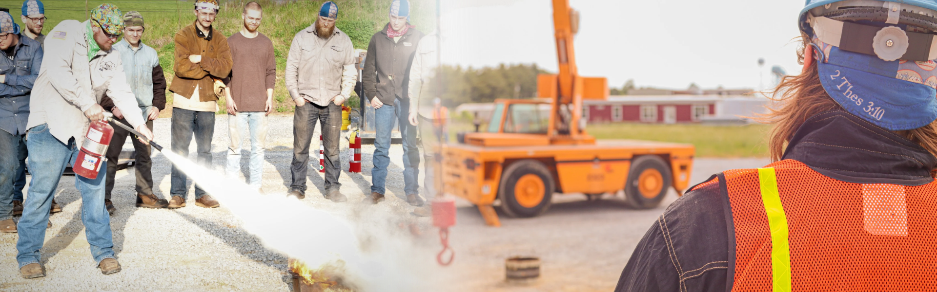A KWI trainee discharging a fire extinguisher during live fire training while classmates observe, blending into a worker in a safety vest on an industrial yard