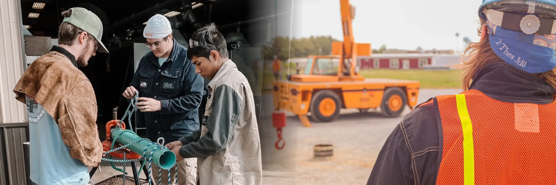 KWI students working a pipe in the shop, an orange mobile crane parked in the yard beyond, and a trainee in a high-visibility vest watching from the right