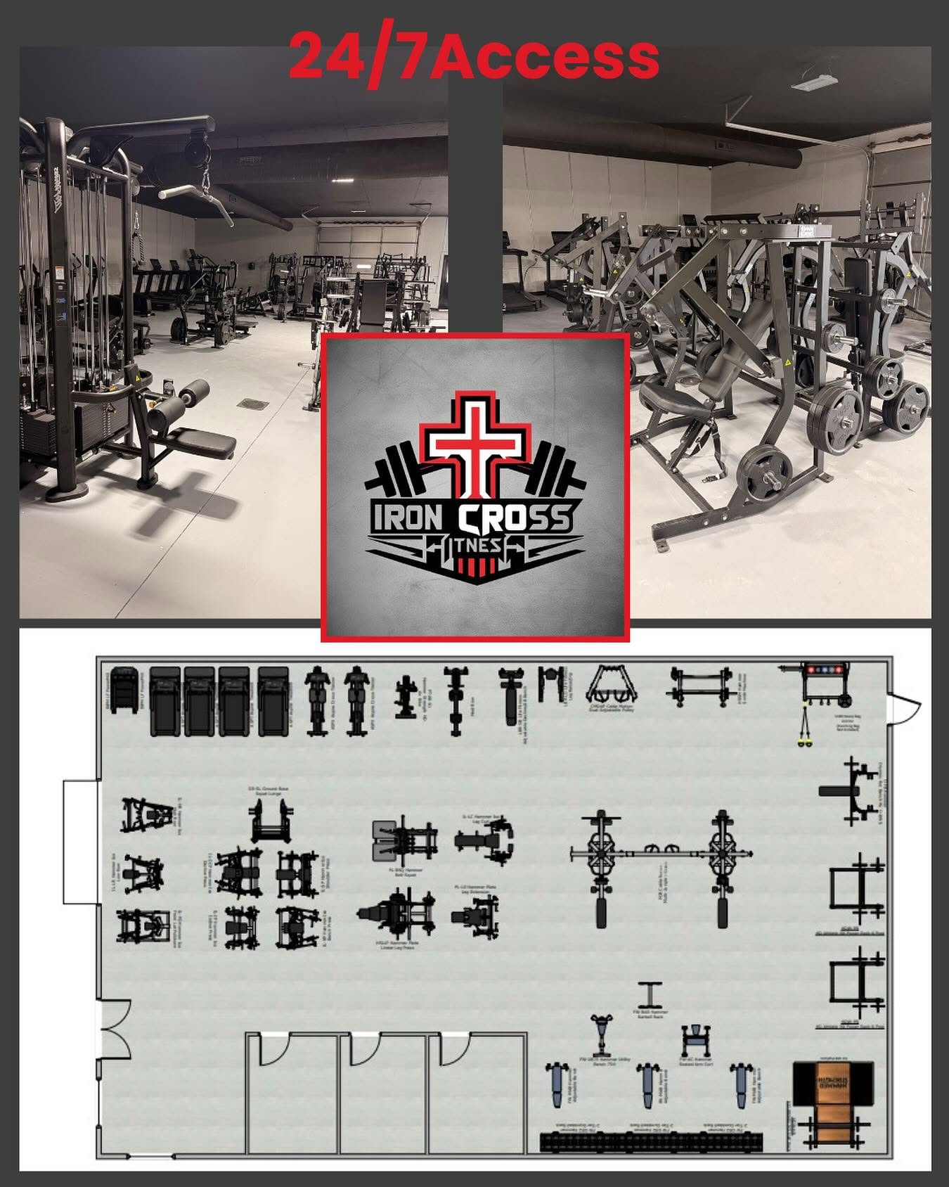 Iron Cross Fitness gym interior, logo, and equipment floor plan