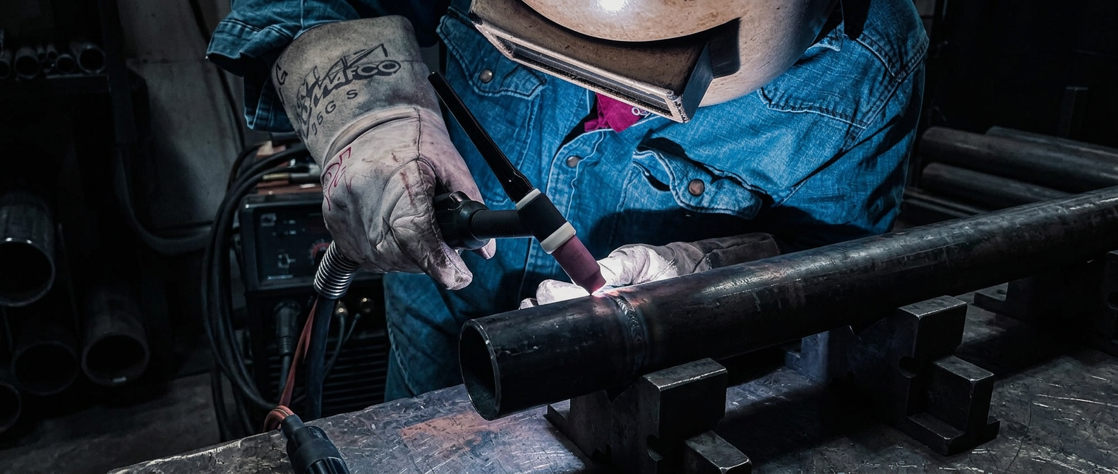 A KWI welder running a TIG weld on a pipe, torch and rig in full view