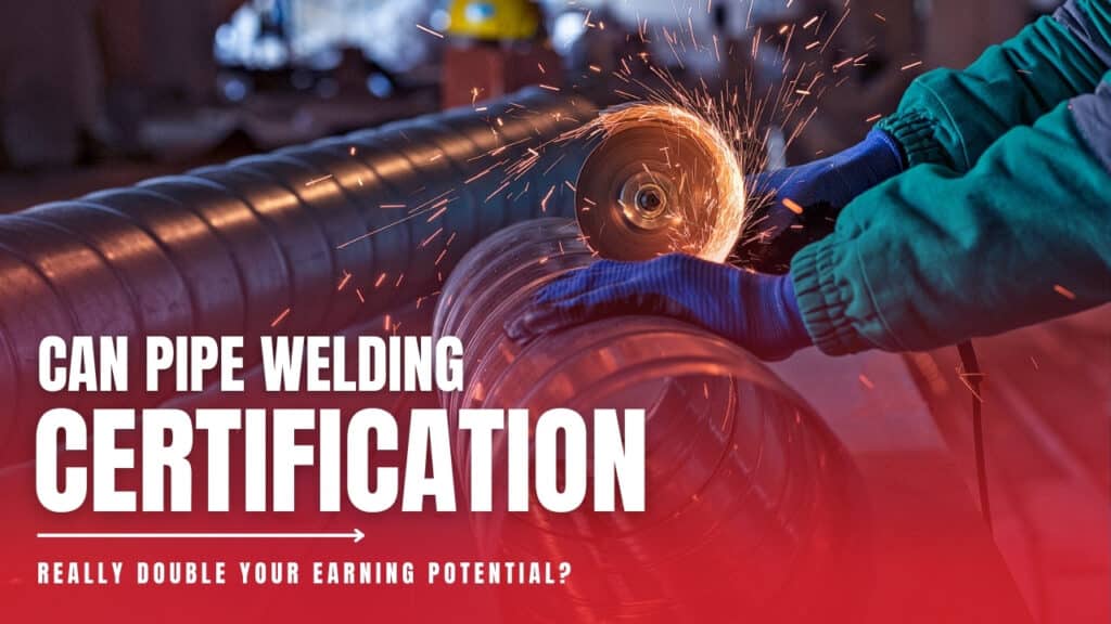 Professional showcasing pipe welding certification process with sparks flying, emphasizing its potential to boost earnings